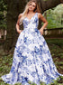 A Line Straps Printed Satin Open Back Blue Prom Dress LBQ2977